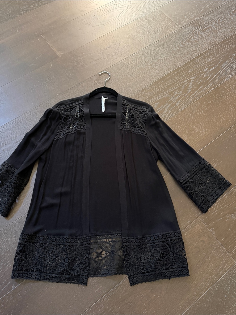 NY Collection Black Crochet-Trim Open Front Cardigan